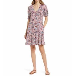 Boden | Riviera Blue, Floret Cluster V-Neck Jersey Minidress